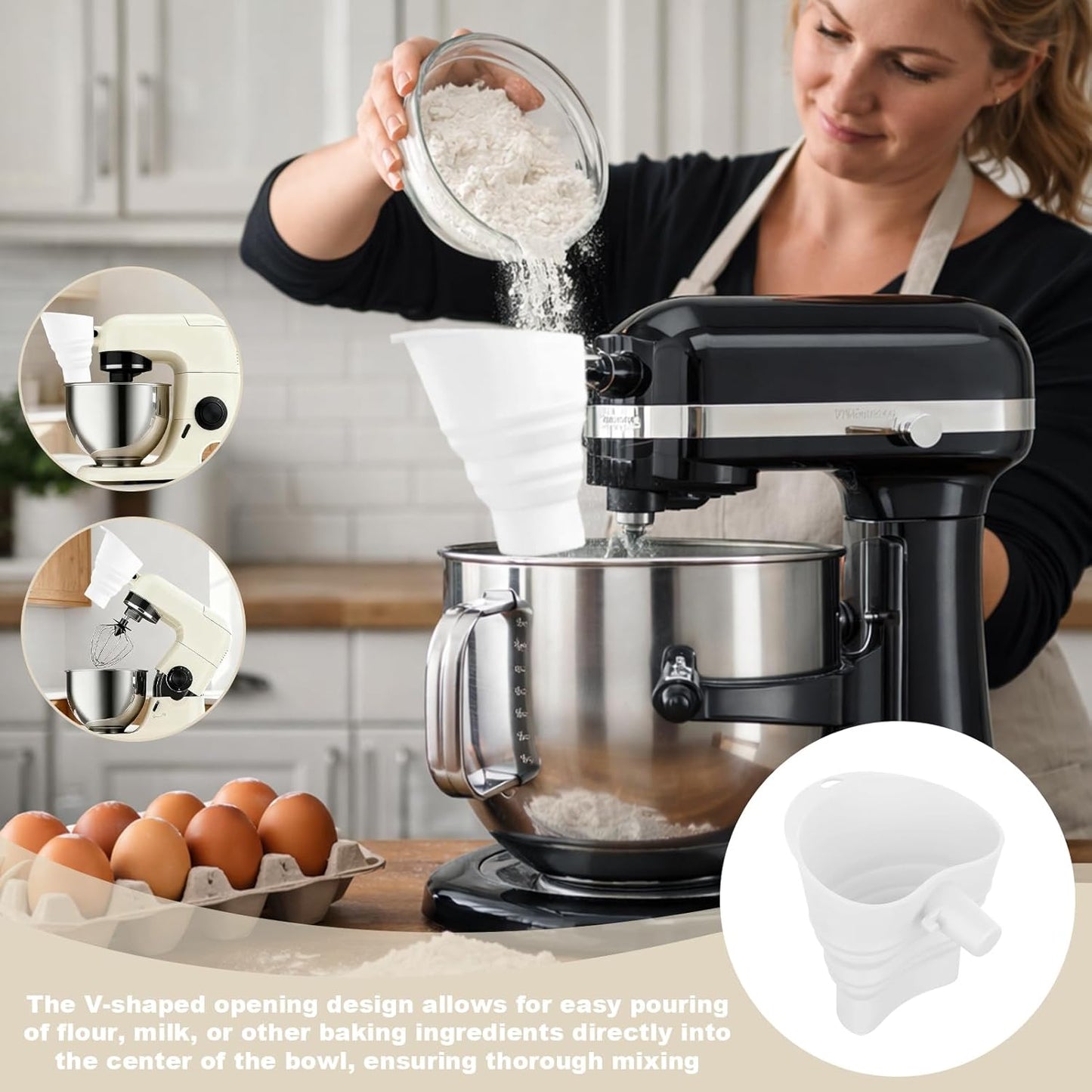 KitchenAid Silicone Flour Funnel - Foldable Anti-Splash Accessory for 5-Quart Tilt-Head Mixer | Dishwasher Safe (White)