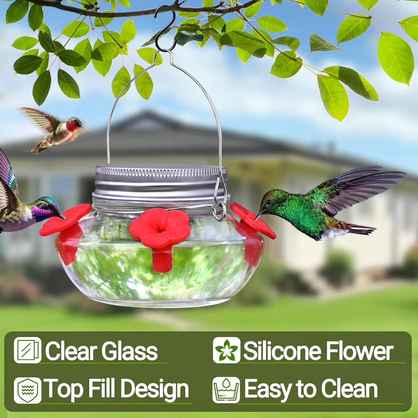 Skiennix Glass Hummingbird Feeder - Cute Mason Jar Design with 4 Silicone Flower Ports | Easy to Clean & Refill