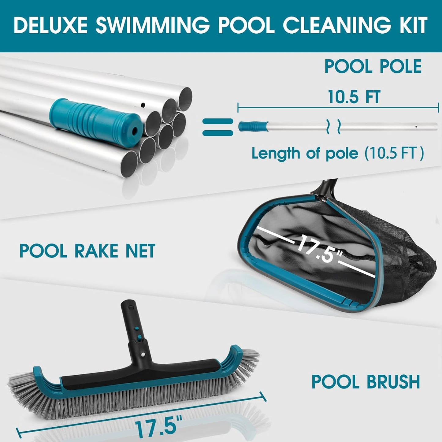 Skiennix Swimming Pool Cleaning Kit - Aluminum Frame Skimmer Net & 10Ft Adjustable Pole | 17.5” Brush Head