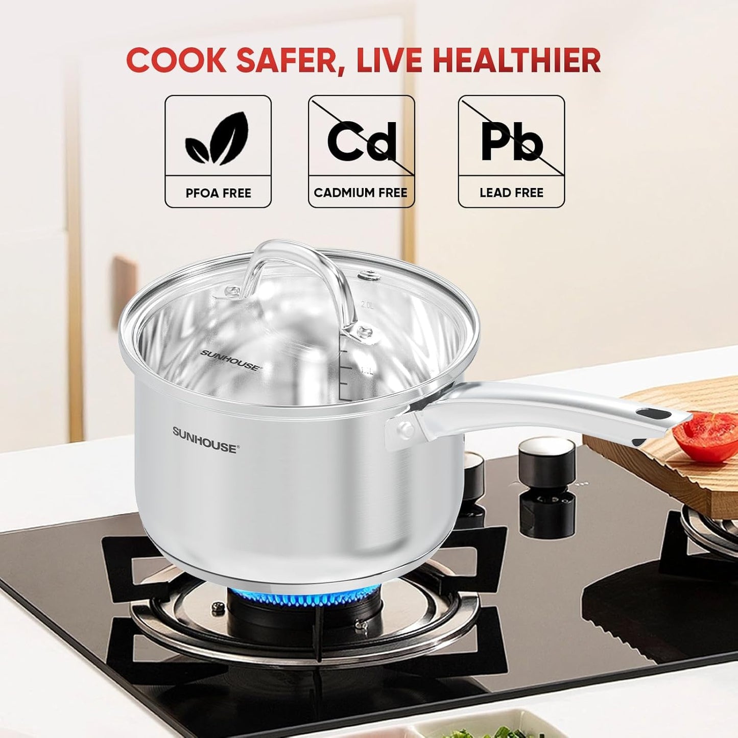 SUNHOUSE - 2-Quart Stainless Steel Sauce Pan with Lid | PFOA-Free, Induction Base, Stay-Cool Handle