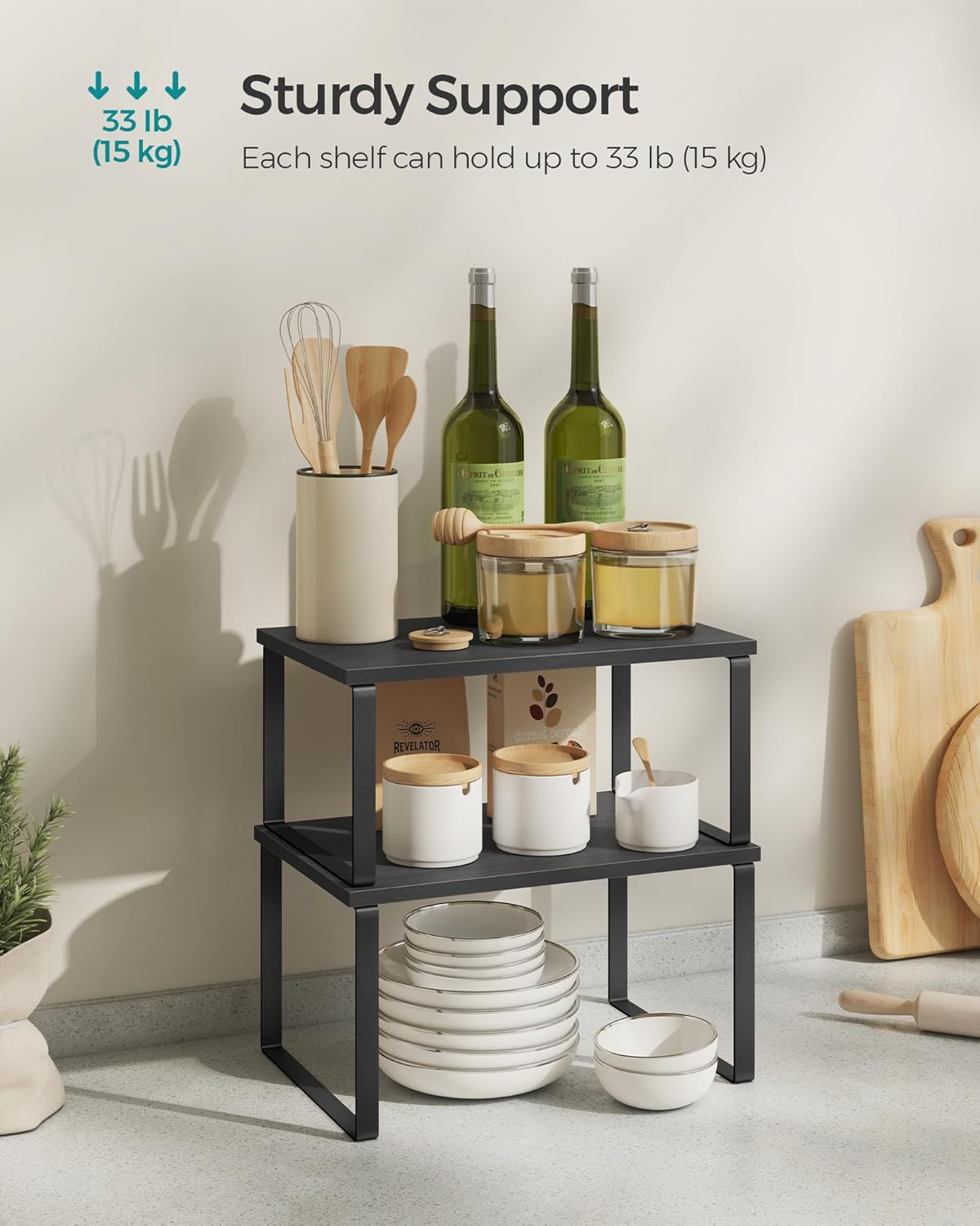 SONGMICS Kitchen Organizer Shelf Set - Stackable & Expandable Spice Rack | Metal & Engineered Wood, Ink Black & Ebony Black