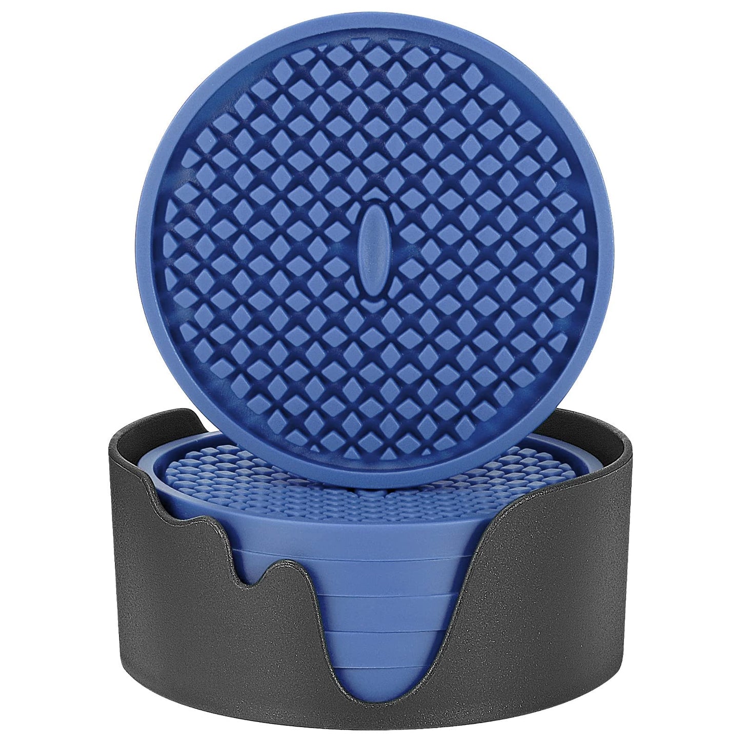 ME.FAN Silicone Coasters [6 Pack] Thickened Drink Coasters with Holder - Cup Mat - Non-Slip, Non-stick, Stay Put, Deep Tray - Prevents Furniture and Tabletop Damages(Navy Blue)