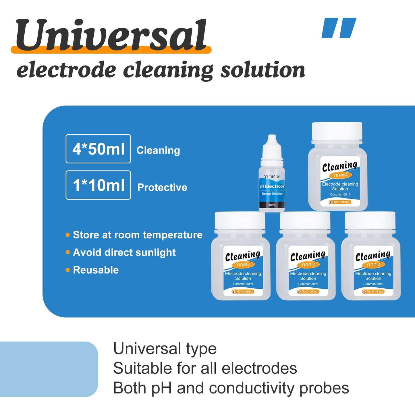 YINMIK Cleanning Solution for pH Electrode,50ml*4 General pH Meter Probe Cleaner, Conductivity Probe cleanning, Electrode Cleaner Suitable for All Kinds pH Meter, EC Meter, TDS Meter, Salt Meter