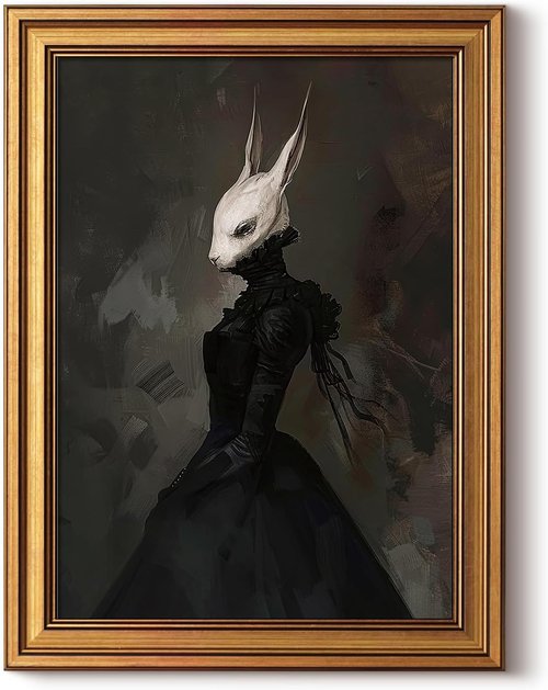 HUARCEY Vintage Rabbit Lady Wall Art - Gold Framed Gothic Canvas Print | 12x16in Dark Academia Decor
