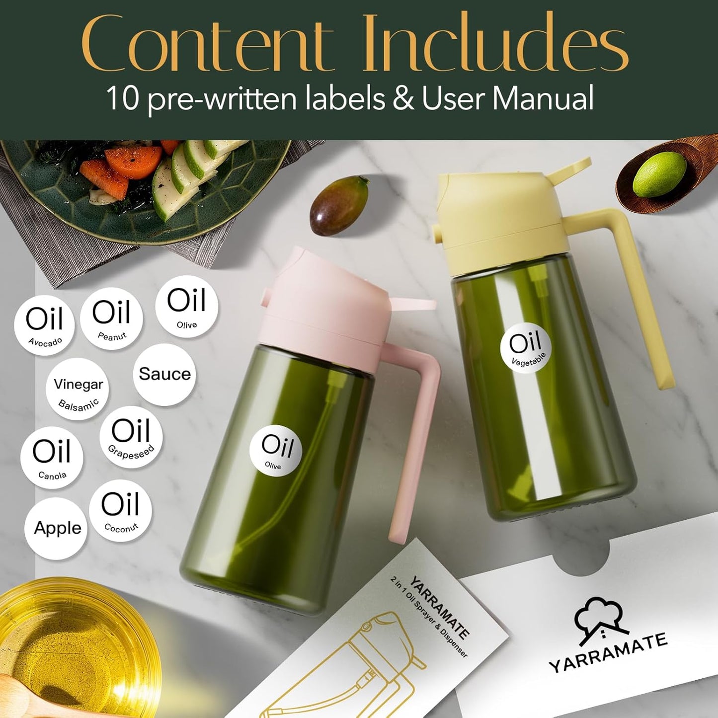 YARRAMATE Dark Green Glass Oil Sprayer - 16oz Light-Blocking 2-in-1 Olive Oil Dispenser for Cooking