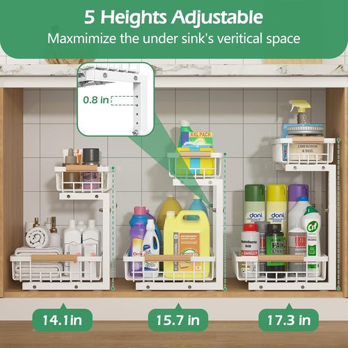 ADRIMER Under Sink Organizer - 2 Pack Pull-Out Kitchen & Bathroom Storage Shelves, White