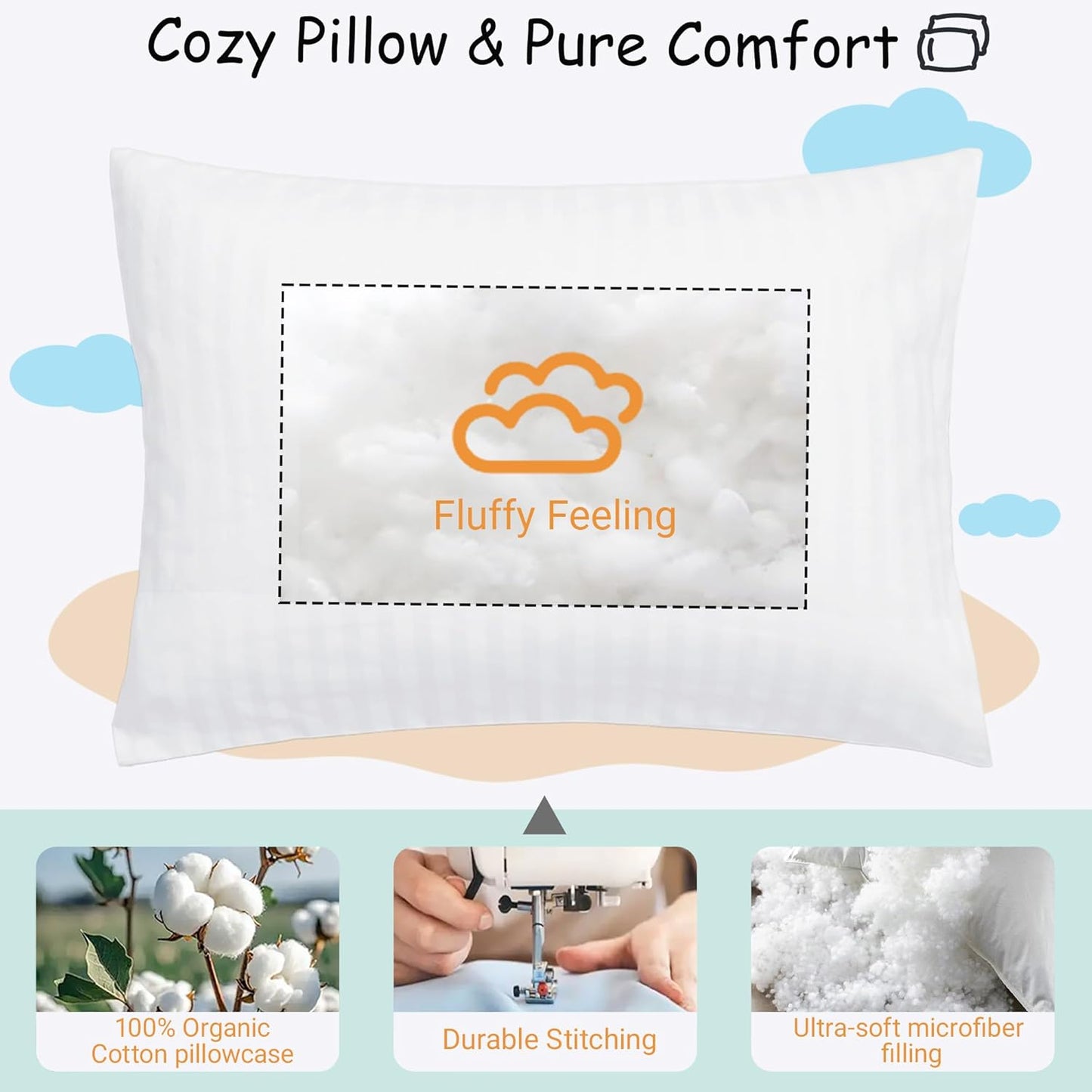 ZPECC Toddler Pillow - Hypoallergenic Organic Cotton 13x18 Kids Pillow with Pillowcase | White Stripe, Ideal for Travel & Daycare