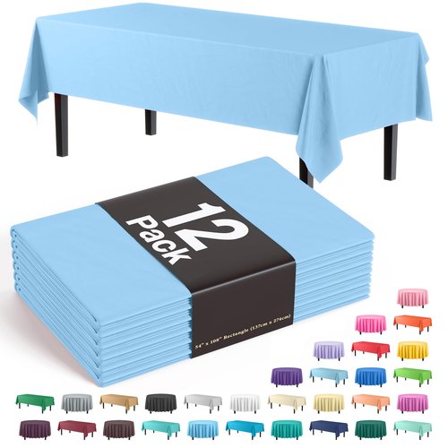 Exquisite 12-Pack Premium Plastic Tablecloth 54in. x 108in. Rectangle - Light Blue
