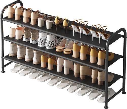 INGIORDAR Shoe Rack - 3-Tier Metal Organizer for Entryway & Closet - Wide Black Storage Solution