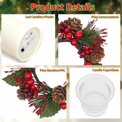GN11848-6 Candle Rings Set of 6 | Christmas Wreaths with Red Berries & Pinecones for Festive Decor