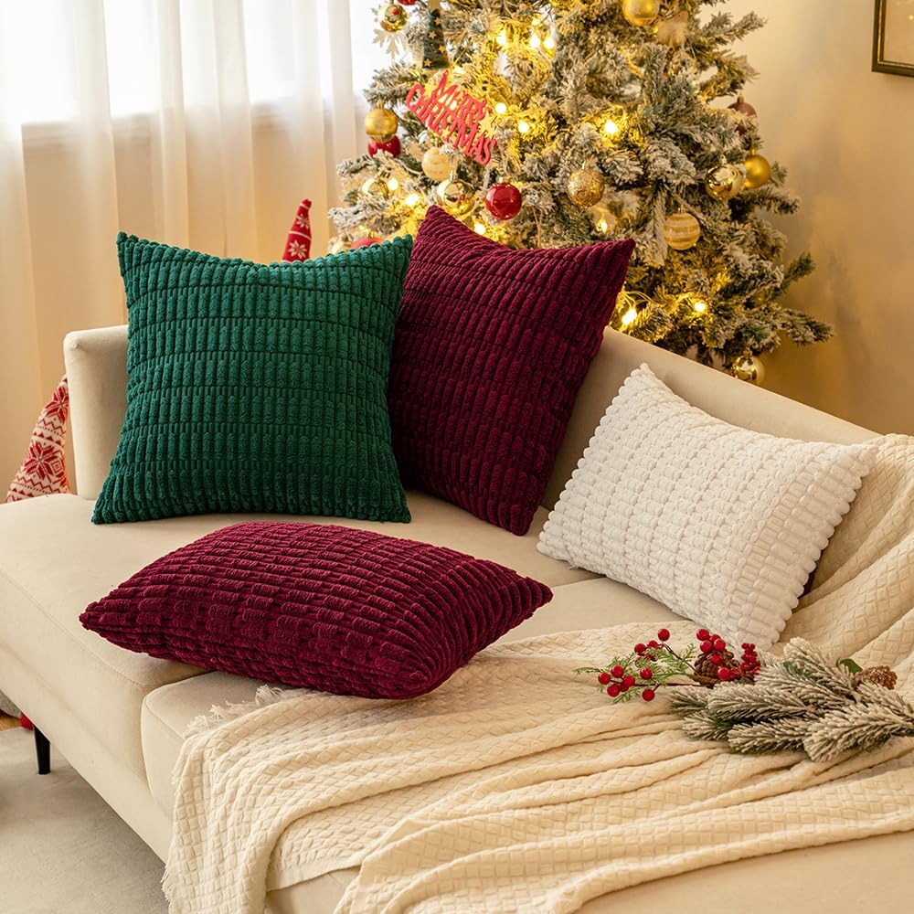MIULEE Euro Sham Pillow Covers - Soft Boho Striped Corduroy | 24x24 Inch Pure White for Modern Farmhouse Decor