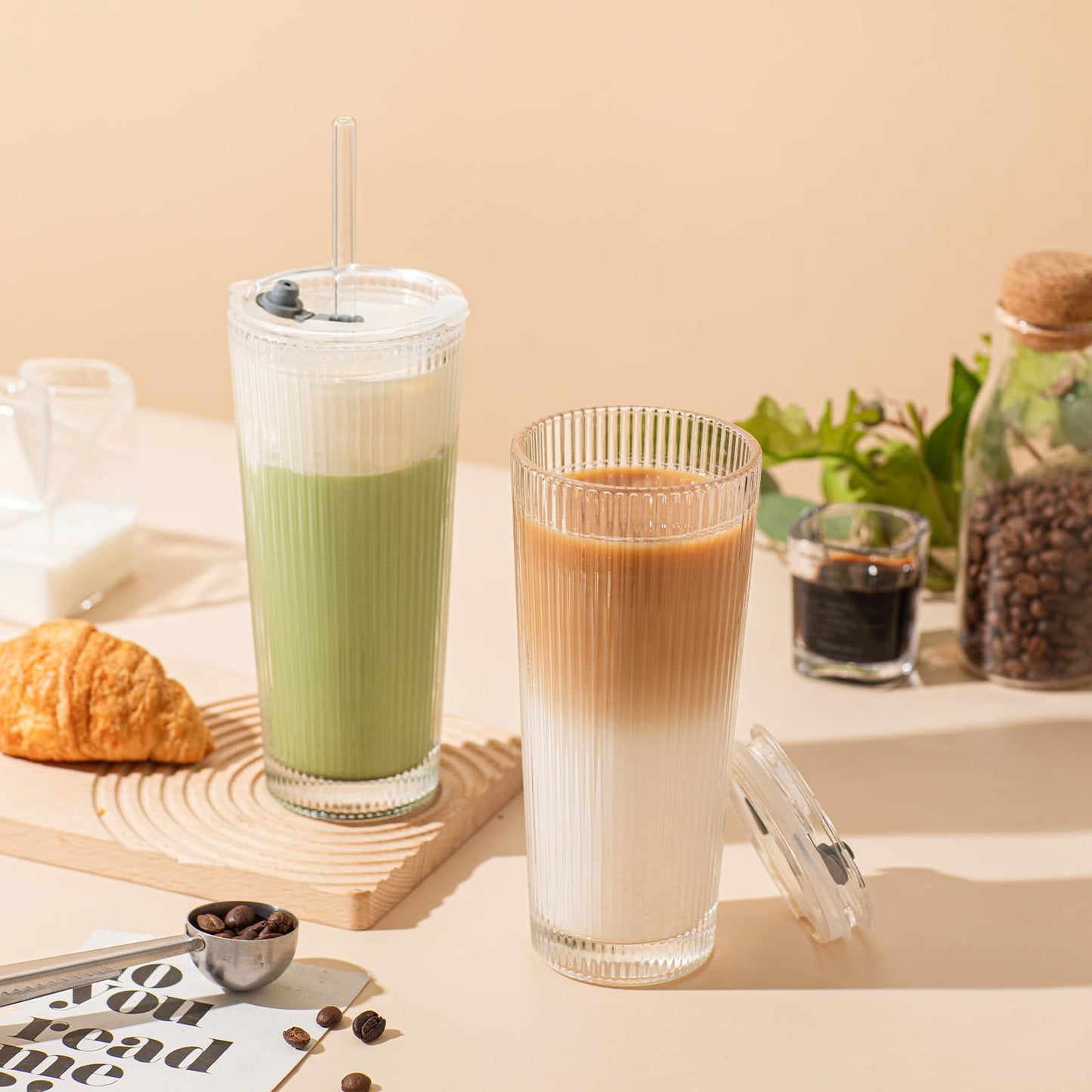 SoulTimes 16oz Ribbed Glass Tumbler with Lid and Glass Straw – Set of 4 Glass Cups with Lids and Straws for Coffee, Smoothies, Cocktails and More, Reusable Iced Coffee Cups for Daily Use and Travel