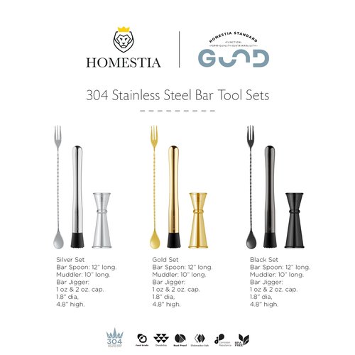 Homestia 3 Pcs Muddler for Cocktails Set, 10'' Muddler, 12'' Cocktail Spoon & 1 OZ/2 OZ Double Jigger Mixing Tool Set, Stainless Steel Silver Bar Tool Set for Beverages Drinks Mixing Home Bar