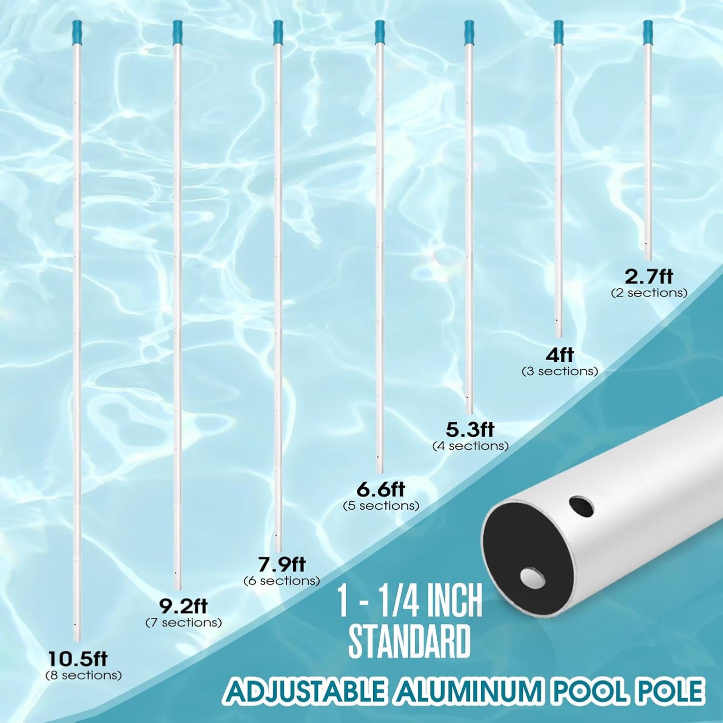 Skiennix Swimming Pool Cleaning Kit - Aluminum Frame Skimmer Net & 10Ft Adjustable Pole | 17.5” Brush Head