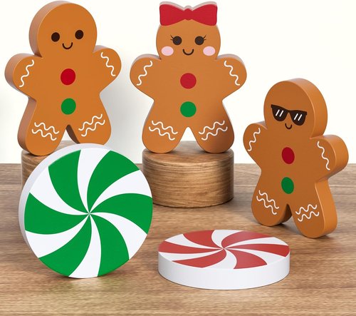 Gingerbread Christmas Decorations - 5 Pcs Wooden Candy Signs for Tiered Tray Decor | Home & Kitchen