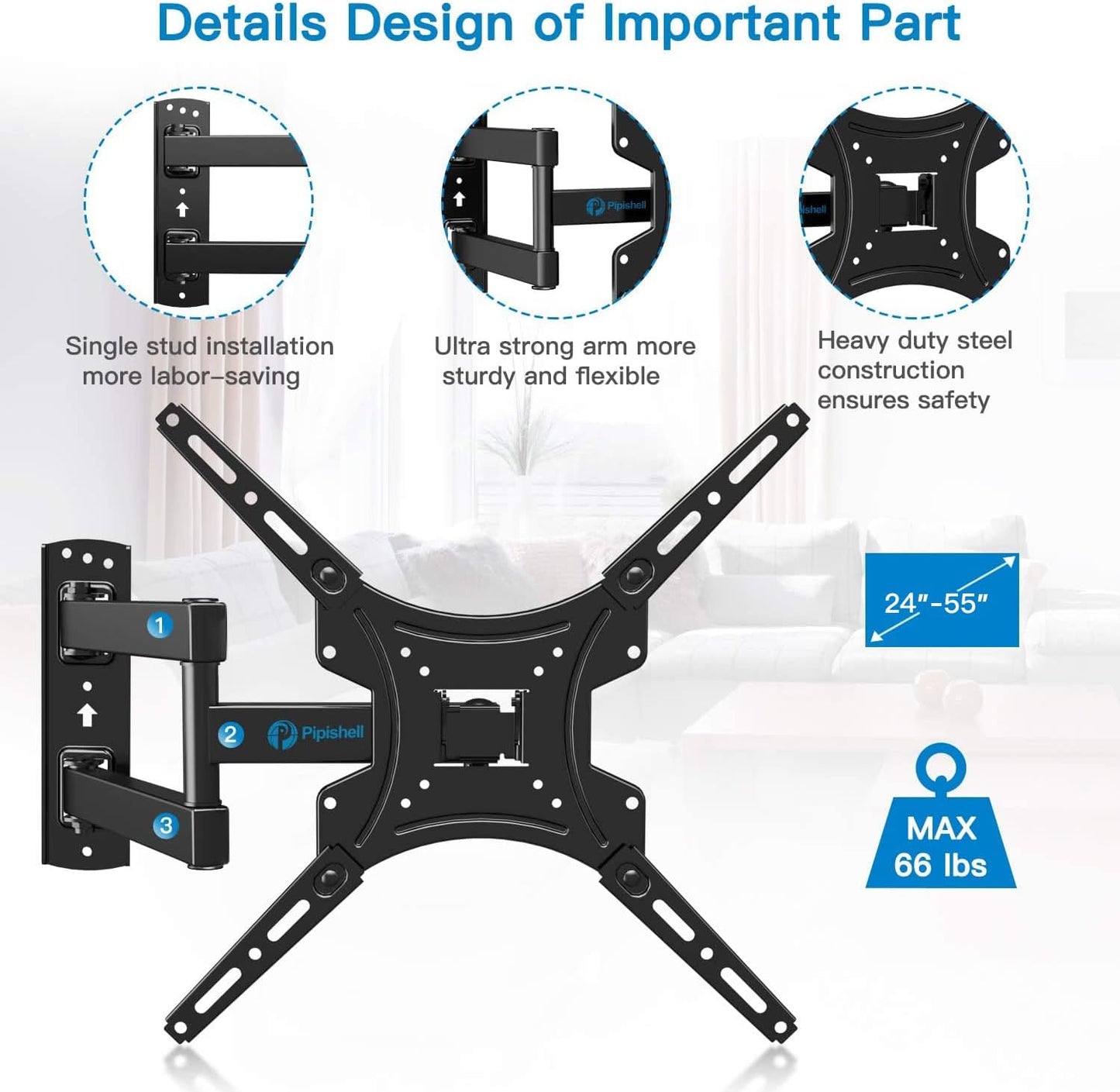 Pipishell Full Motion TV Wall Mount Bracket - Articulating Arms for 24-55 Inch TVs | Max VESA 400x400mm, 66lbs Capacity