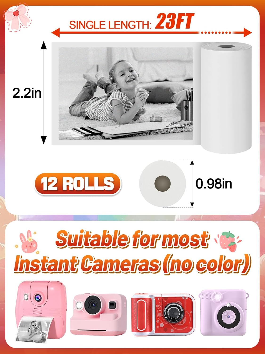 Kids Instant Camera Print Refill Paper - 12 Rolls Thermal Photo Printer Paper for Ages 4-10 | Perfect Birthday Gift