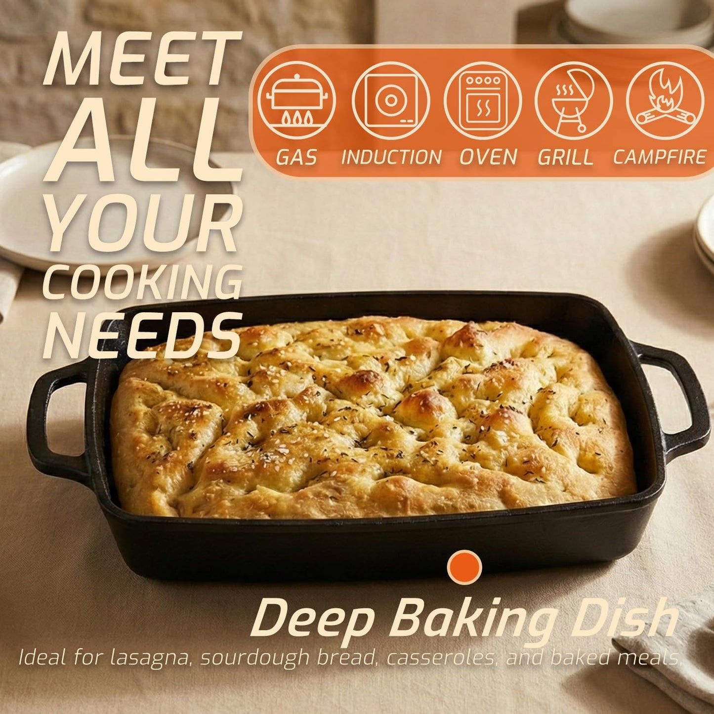 Skiennix 2-in-1 Pre-Seasoned Cast Iron Casserole Dish - Rectangular Dutch Oven, 13"x9" Baking Pan for Lasagna & Sourdough Bread