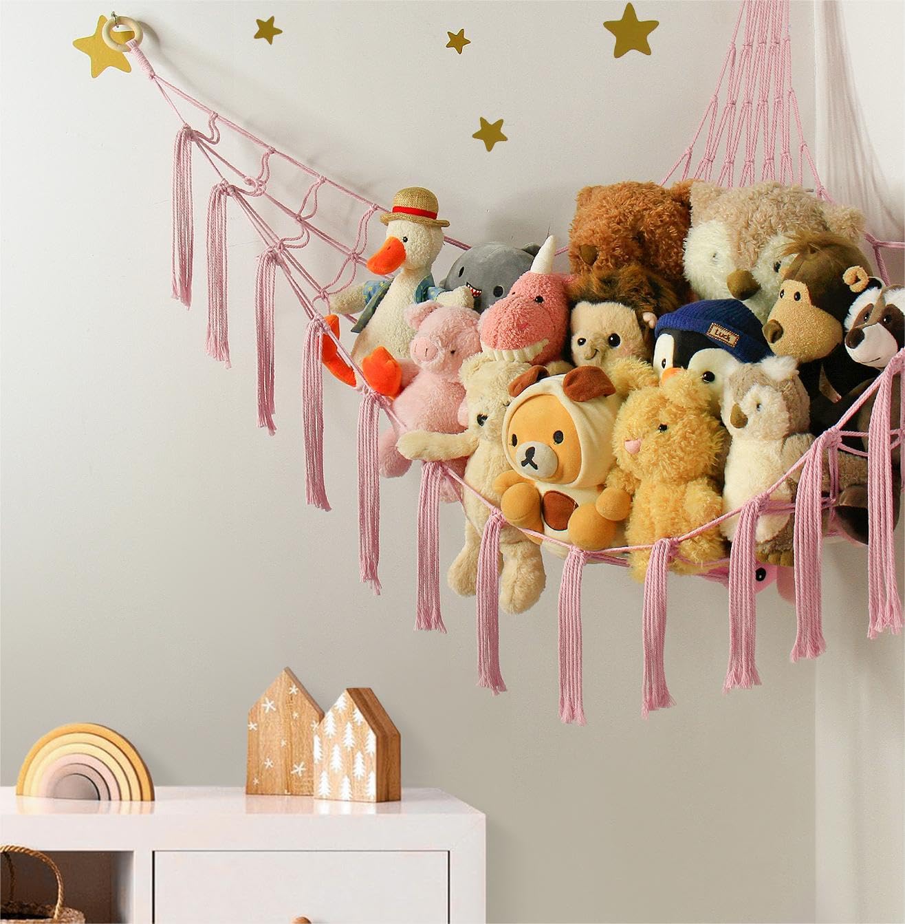 Mirolam Stuffed Animal Storage Hammock - Large Pink Toy Organizer for Nursery Corner Decor