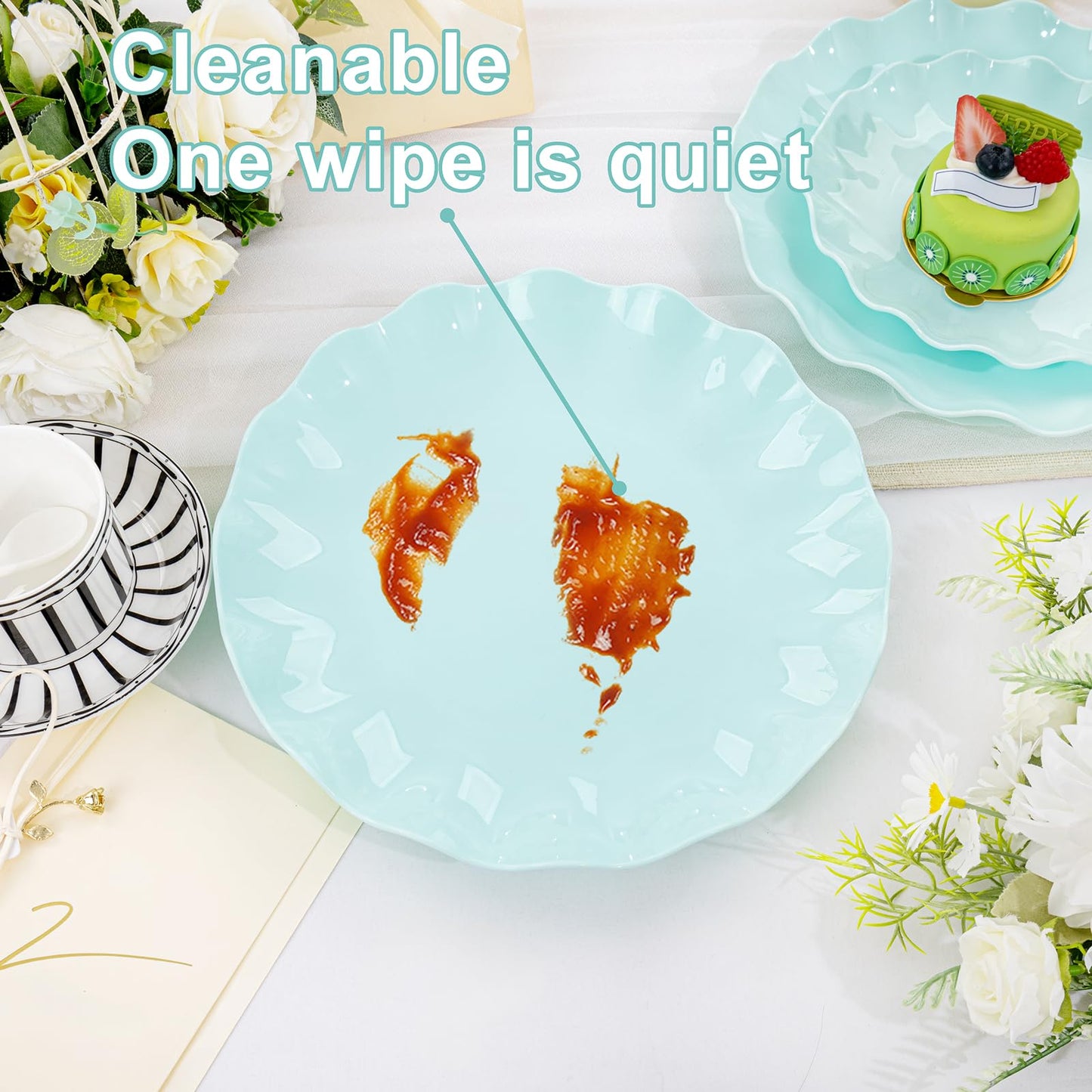 LIYH 20 Pcs 7.5 Inch Ice Blue Plastic Scalloped Plates Reusable - Unbreakable Dessert Plastic Cake Plates Dishwasher Safe Perfect for Party Birthday