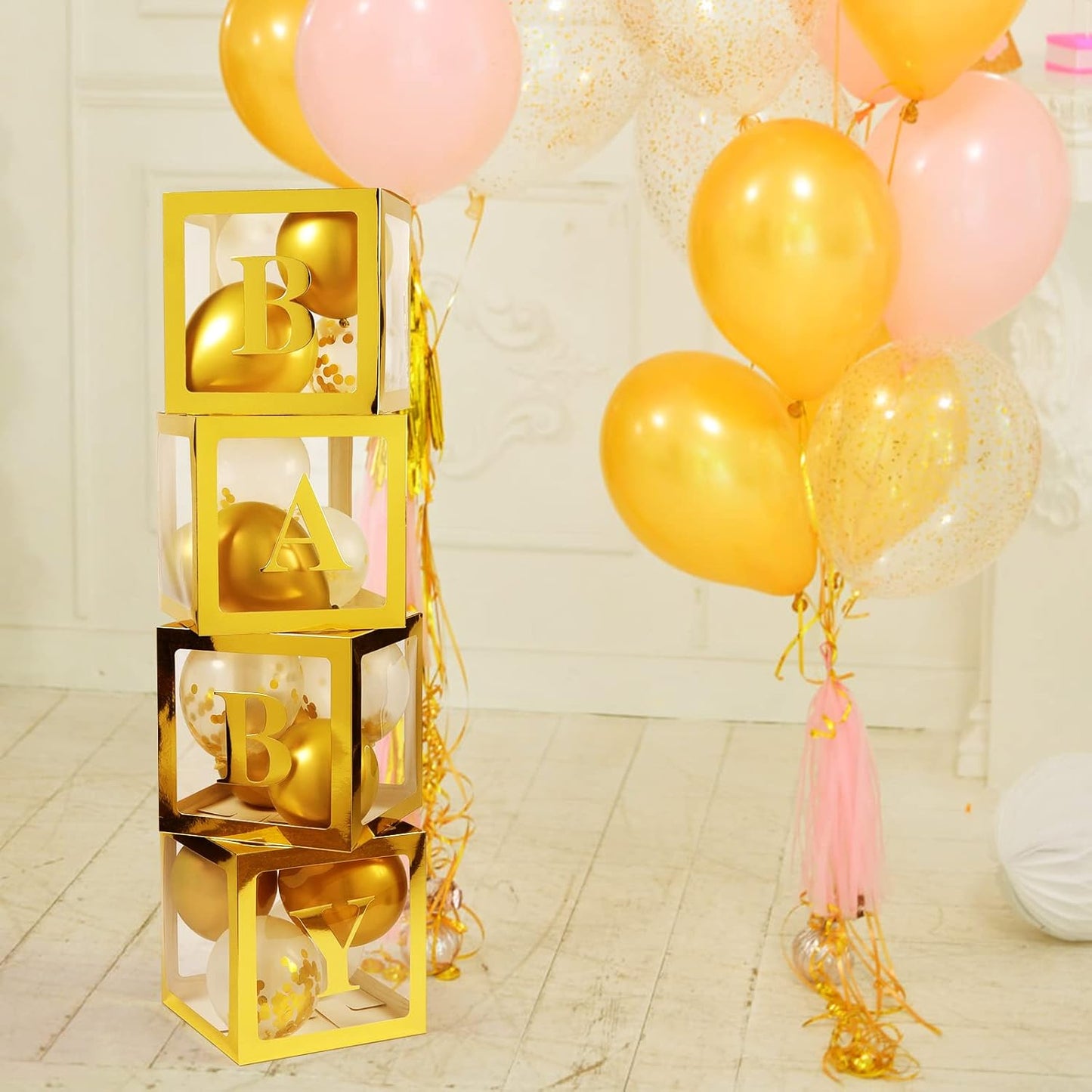 Voircoloria Baby Boxes - 4 Transparent Balloon Boxes with Letters for Baby Shower & Gender Reveal (Gold)