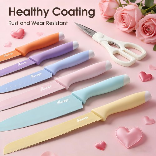 Hancorys Knife Set, 13 PCS Kitchen Knives Set with Nonstick Ceramic Anti-Rust Coating, Stainless Steel Chef Knife Sets with 6 Blade Guards, Dishwasher Safe, House Warming Gifts New Home