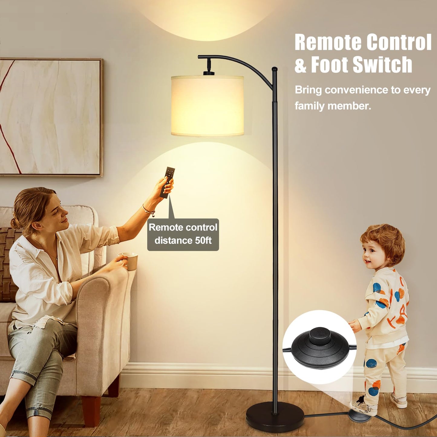 mukuxin LED Floor Lamps for Living Room, 12W Modern Arc Floor Lamp with Remote & Adjustable Linen Lampshade, Stepless Dimmable Tall Standing Lamp for Bedroom Office Reading (White Shade)