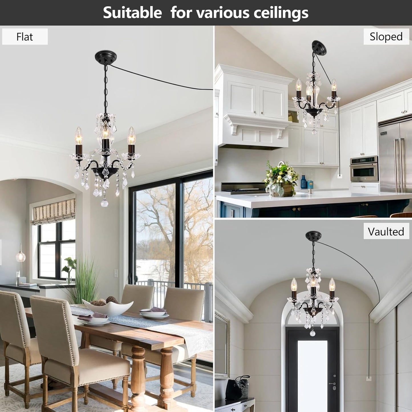 Plug in Modern 3-Light Gold Chandelier with Glass Crystals, Candle Style Pendant Light Fixtures for Living Room, Girls Room, Kitchen Island, Entryway