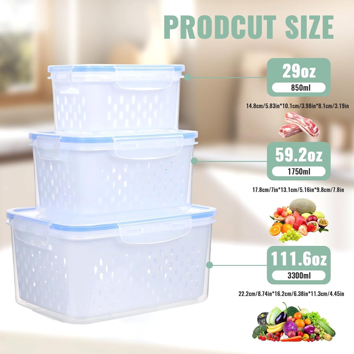 Skiennix 3 PCS Fruit Storage Containers - BPA-Free Plastic with Removable Strainer Lid for Fresh Berries