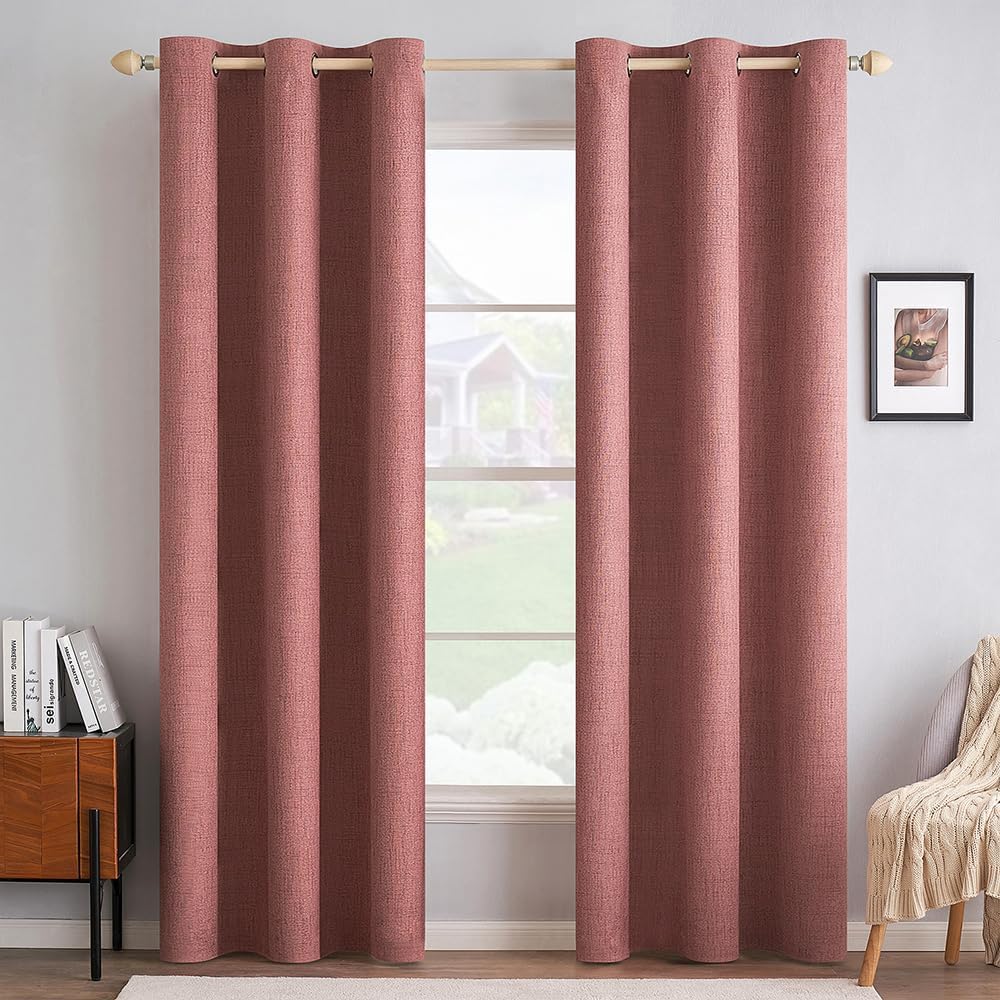 MIULEE 100% Blackout Linen Textured Curtains - Solid Thermal Insulated Dusty Rose | 42 x 84 Inch (2 Panels)