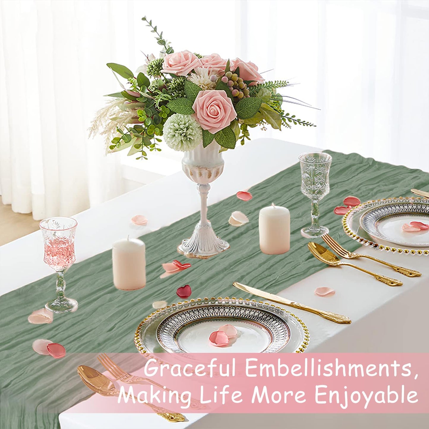Sage Green Cheesecloth Table Runner, 10 Ft Easter Boho Table Runner, 120 in Spring Rustic Table Runners for St Patrick's Day, Wedding, Party, Baby & Bridal Shower
