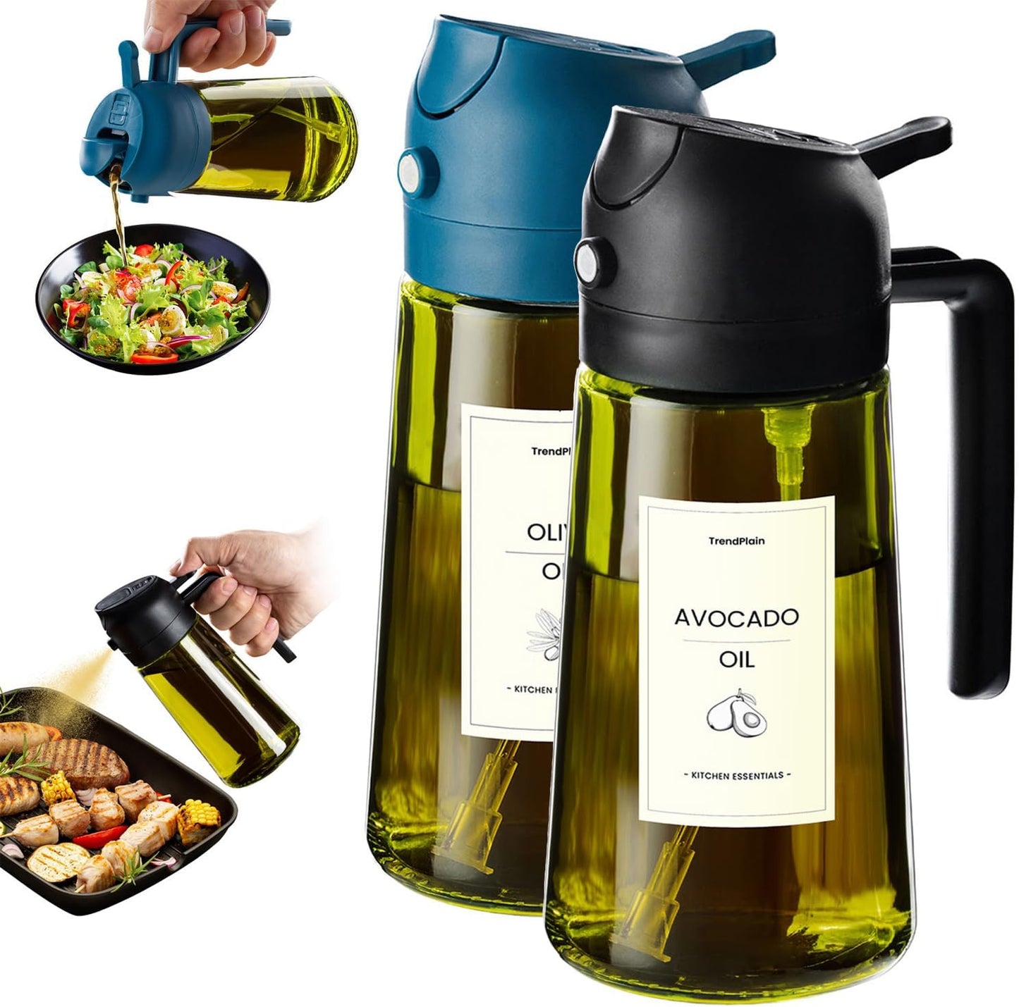 TrendPlain - Olive Oil Dispenser Bottle | 16oz Kitchen Gadget & Air Fryer Accessory - Black & Navy