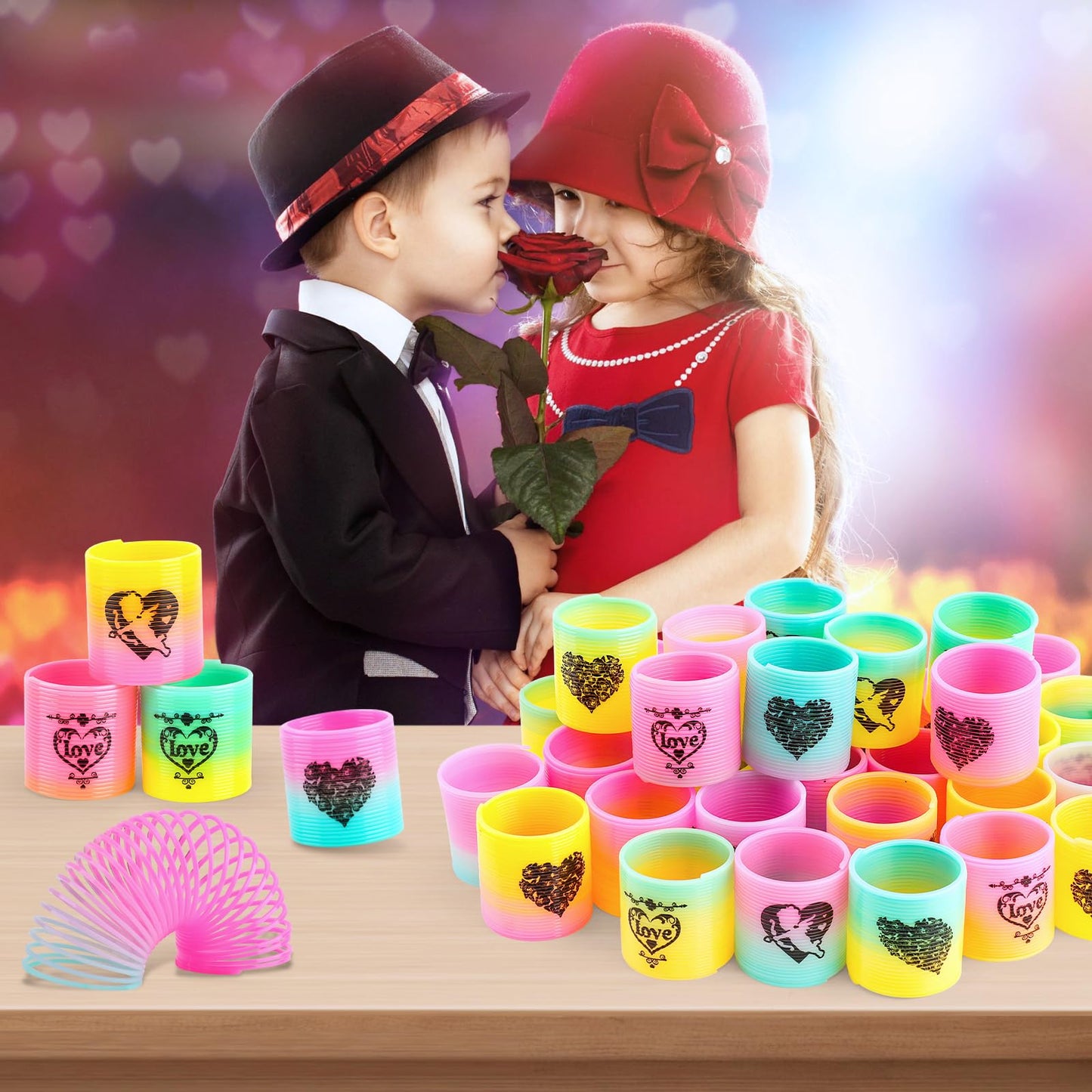 CLEVERZONE 36 Packs Spring Rainbow Magic Fidget Stress Coil Mini Springs Bulk Toys Valentine's Day Wedding Party Favor Goodie Bag Stuffers For Kids Boys Girls (Love)