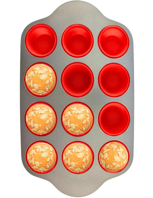 Boxiki Kitchen Non-Stick 12 Cup Silicone Muffin Pan with Steel Frame - BPA Free, Non-Toxic, Anti-Warp, Durable & Easy to Pop Silicone Muffin Tin - Perfect Cupcake Pan