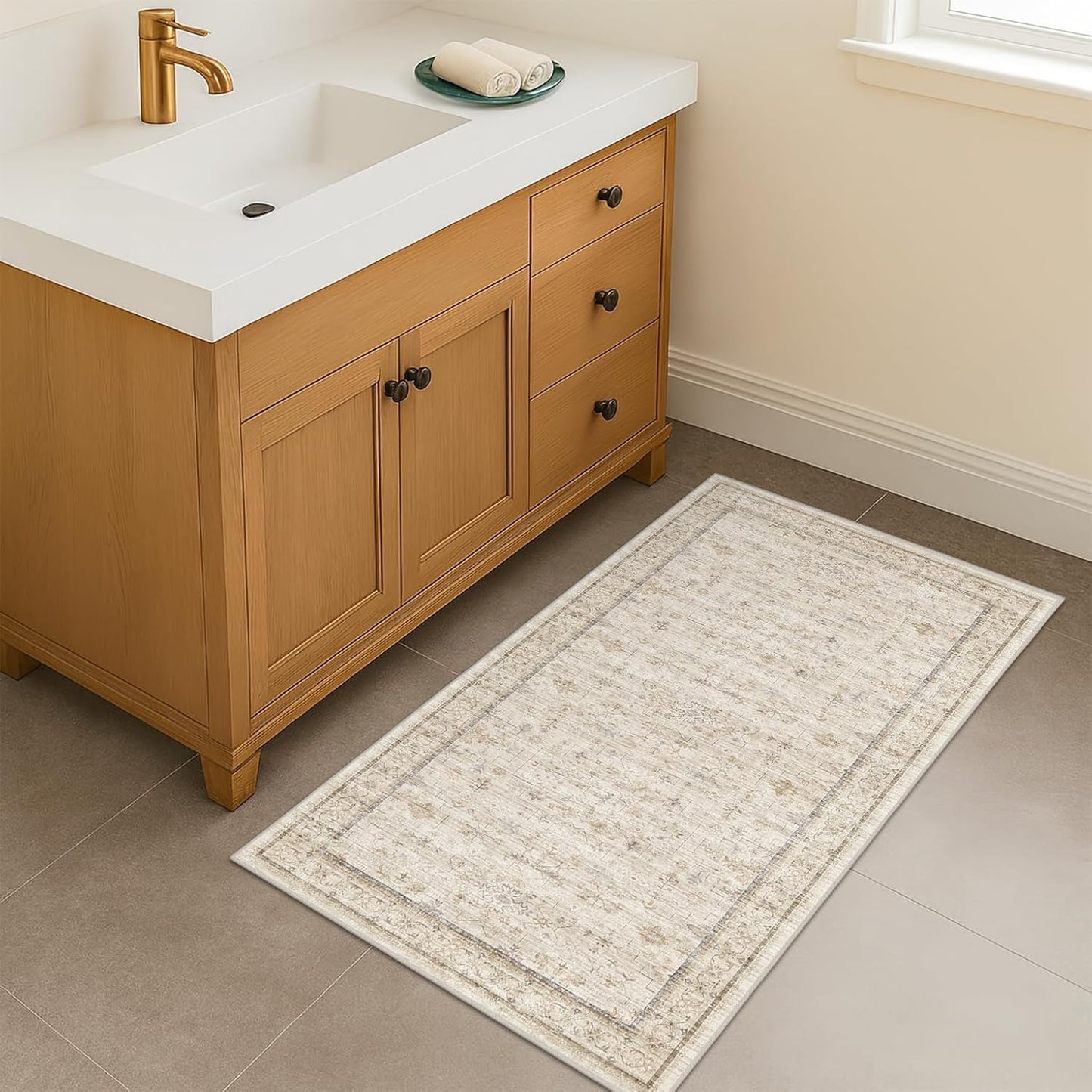 Regine Switzerland Washable Bathroom Rugs - 2x4 Beige Geometric Floral Design, Non-Slip & Stain Resistant