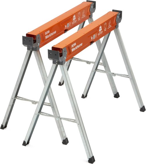 BORA Workhorse Saw Horses - Heavy Duty Folding Metal Sawhorses with Built-In Bottle Opener | 2-Pack