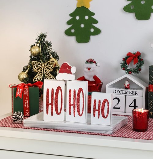 Ho Wood Christmas Blocks - Festive Wooden Tabletop Signs for Holiday Decor | Set of 4 (White)
