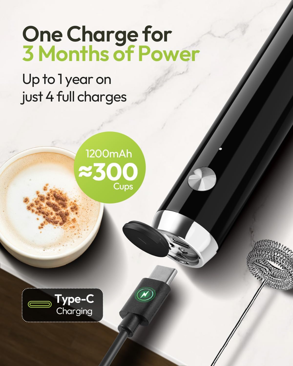 Maestri House Rechargeable Milk Frother - Handheld Electric Foam Maker with Detachable Stainless Steel Whisk for Lattes & Cappuccinos