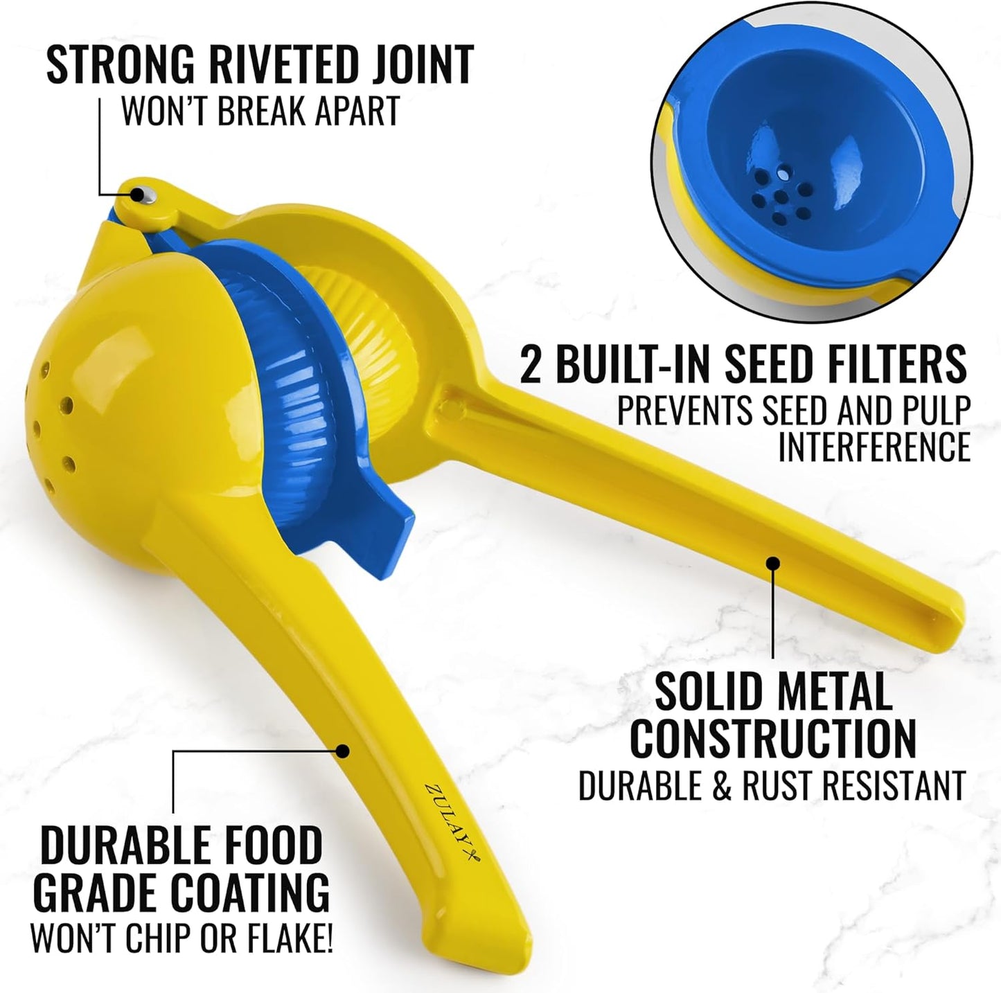 Zulay 2-In-1 Lemon Squeezer - Sturdy Manual Juicer for Maximum Juice Extraction | Easy to Clean - Gold/Blue
