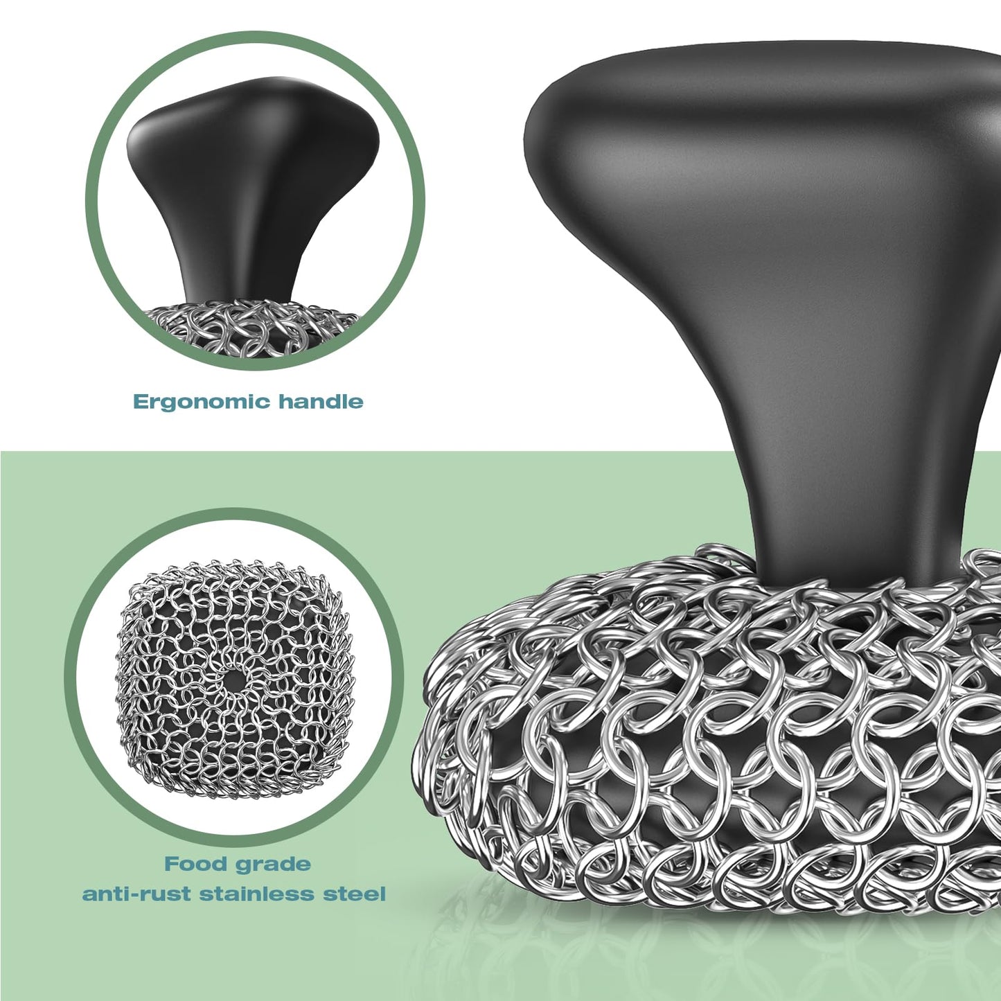 Purgreat Cast Iron Scrubber | Dish Scrub Brush | 316 Cast Iron Cleaner Chainmail Scrubber for Pan Skillet Cleaner - Dish Scouring Pad Dishwasher Safe Cleaning Kit, Black 03