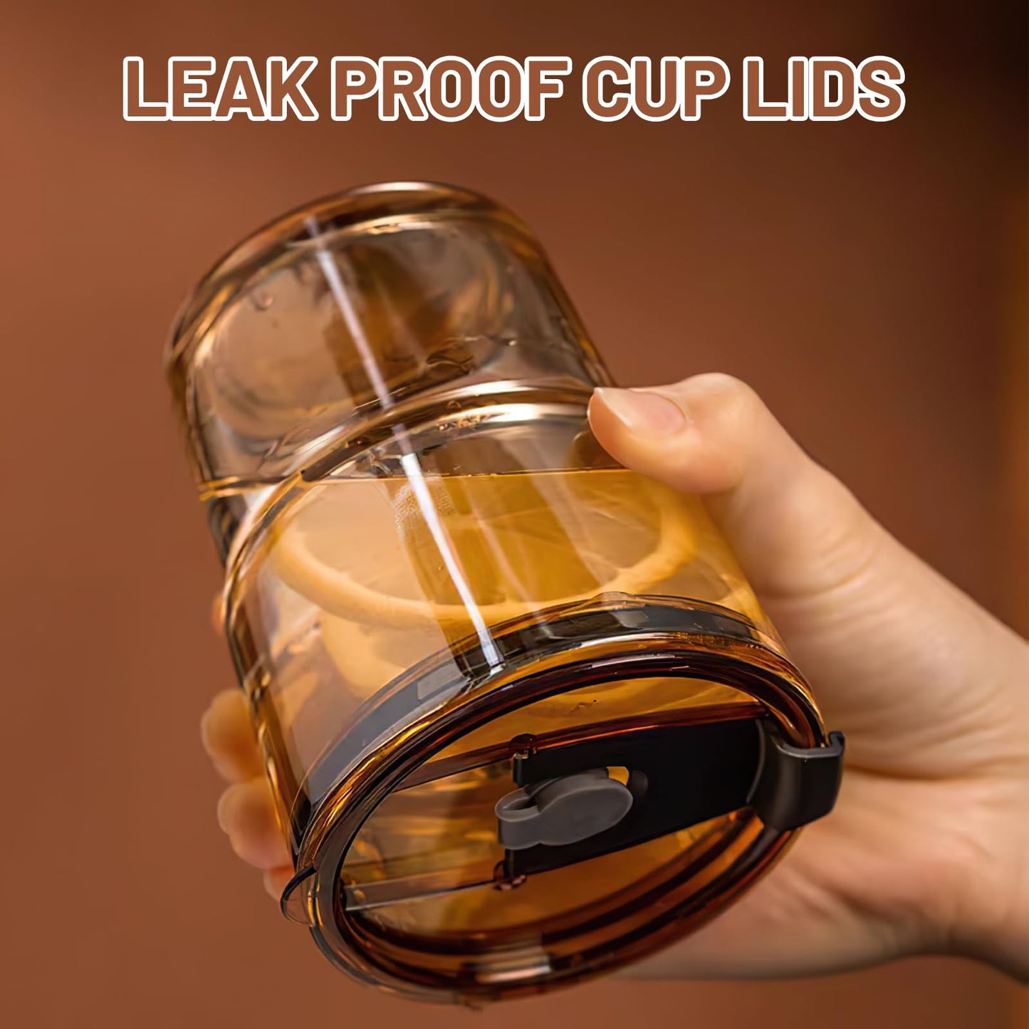 Luxfuel 13 oz Tumbler Water Glass Cups with Straw & Lid, Reusable Iced Coffee, Tea Cups, Leak-Proof Thick Wall Travel Glass Tumbler for Home, Office, Car Cup Holder Friendly, BPA Free (Amber, 2 Pack)