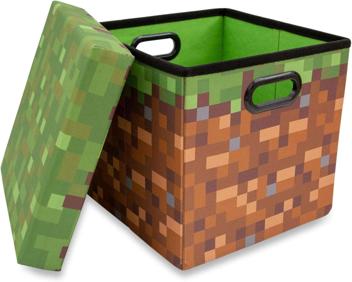 Minecraft Grassy Block Storage Bin - 13-Inch Foldable Fabric Basket with Lid | Cube Organizer for Shelves & Closet