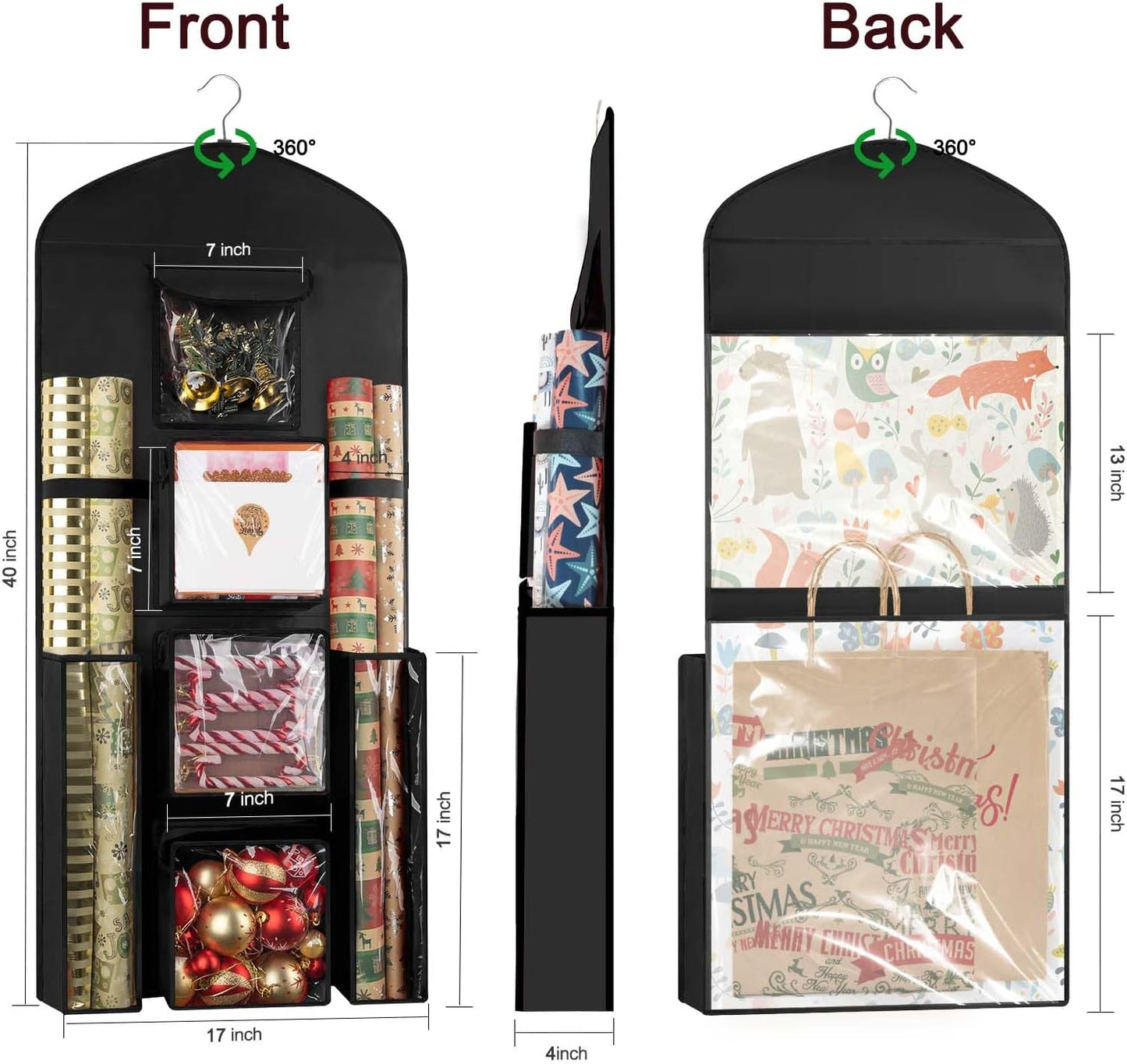 Woodoulogy Gift Wrapping Paper Storage Bag - 40"X17" Double-Sided Black Organizer for Christmas Wrap