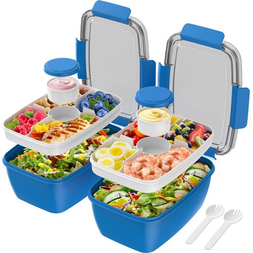 Cherrysea 2Pack Salad Lunch Container, 68oz Salad Bowls with 4 Compartments Tray,Leak Proof Lunch Box with Fork for Men,Women BPA-Free Snack Box with Sauce Container for Dressings - Blue
