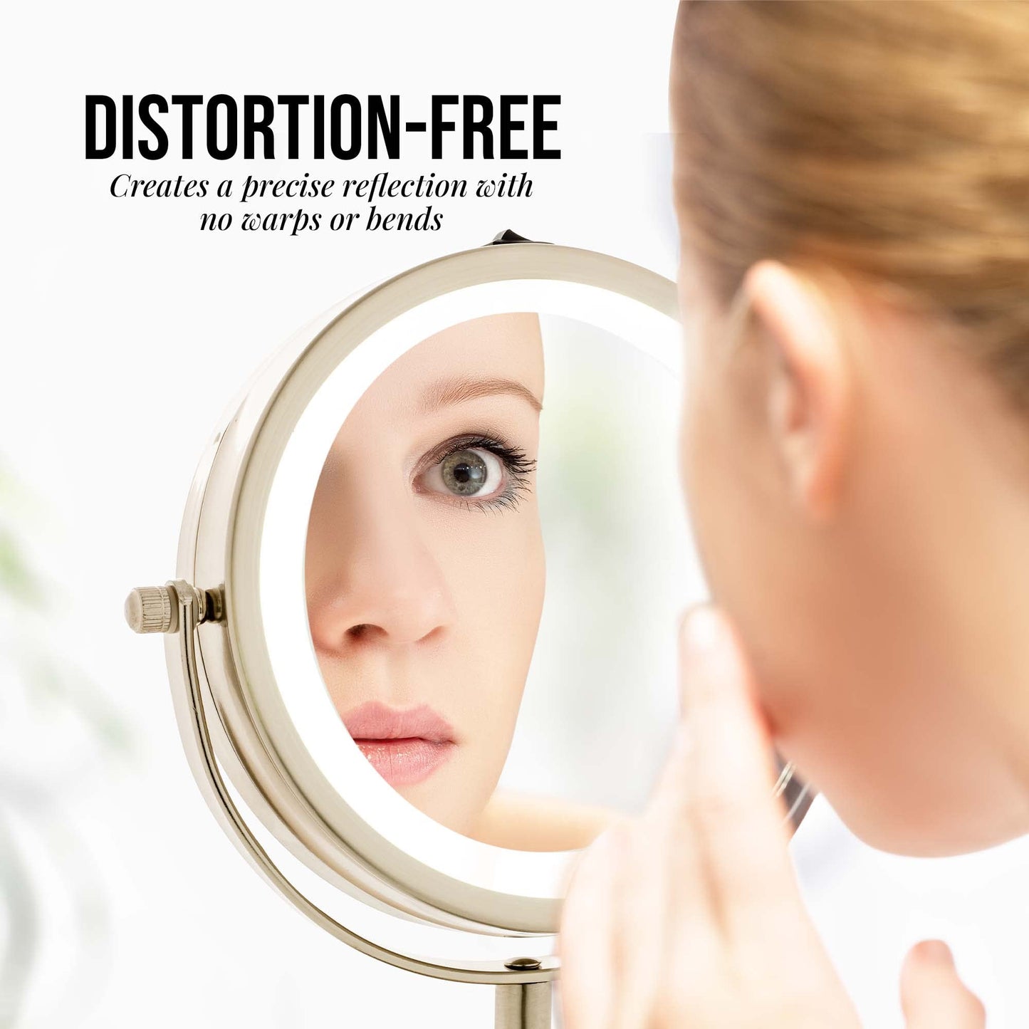 OVENTE 6" Lighted Makeup Mirror with 1X/7X Magnification, Cordless Tabletop Mount Vanity Round Mirror with 360° Swivel Design and Double Sided Cool Tone LED Ring Light, Nickel Brushed MLT60BR1X7X