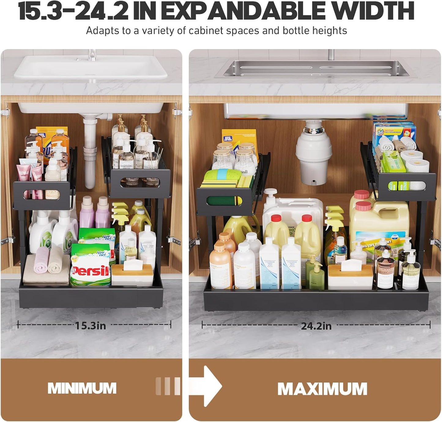 Skiennix Expandable Under Sink Organizer - 2-Tier Adjustable Storage with Ball-Bearing Slides | Black