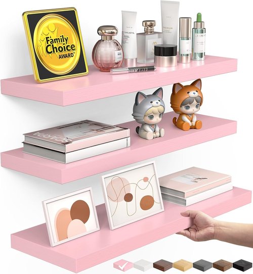 BAYKA Pink Floating Wall Shelves - Set of 3, 15.7in Wood Shelves for Stylish Home Organization