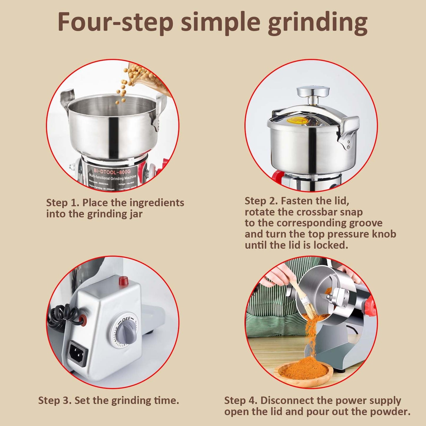 BI-DTOOL Electric Grain Mill Grinder 2000W Dry Material Grinding Machine 800g Stainless Steel Pulverizer 36000r/min High-speed Grain Mill 270° swingable Superfine powder for Home and Commercial 800g