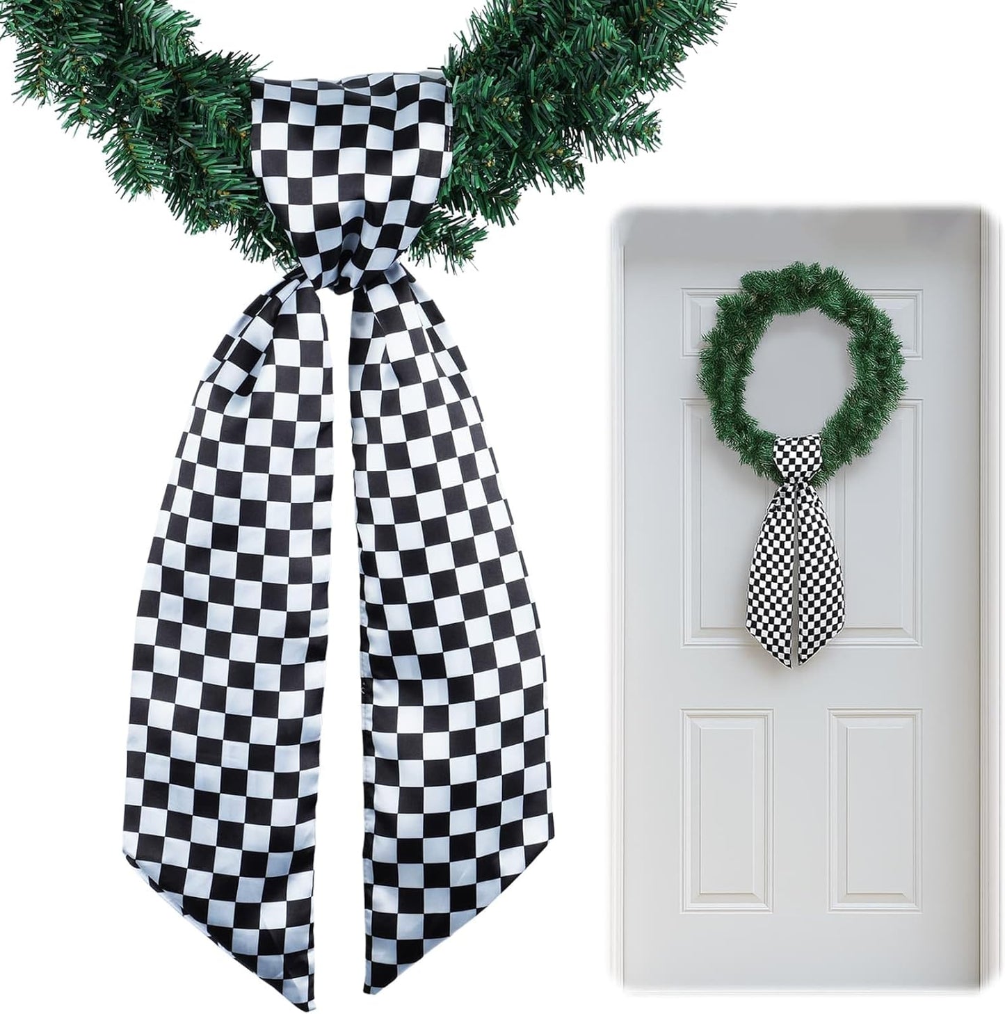 Skiennix Checkered Racing Wreath Sash - Black & White Tie Bow for Front Door Decor | Holiday & Birthday Accessory