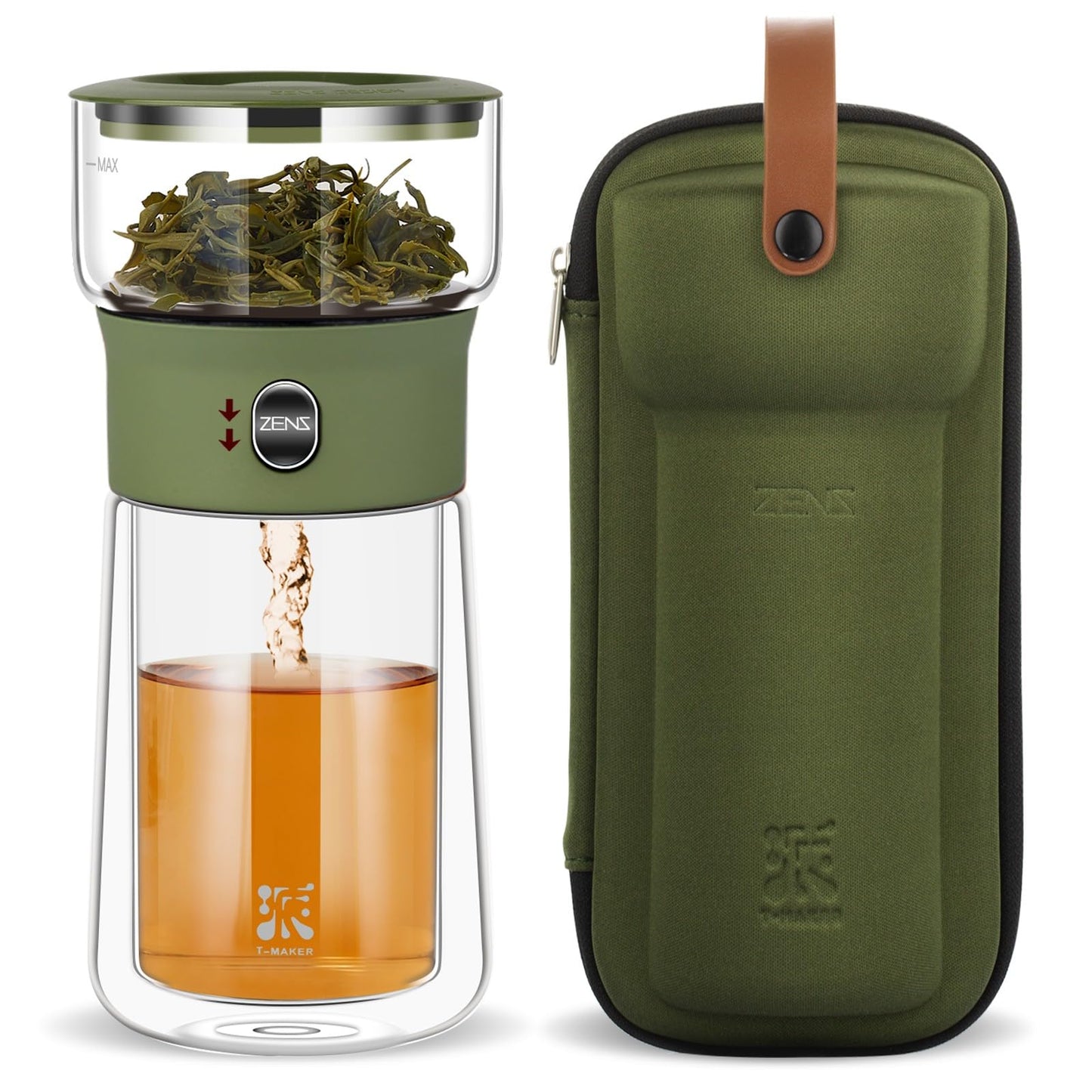 ZENS Modern Glass Infuser Teapot, Smart One Touch Tea Maker for Loose Tea Diffusers with Insulated Mug and Portable Case, Enchanted Teapot Alternatives for Tea Lover Gifts